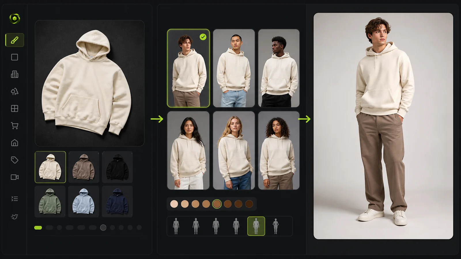 AI model selection workflow for ecommerce apparel photos.