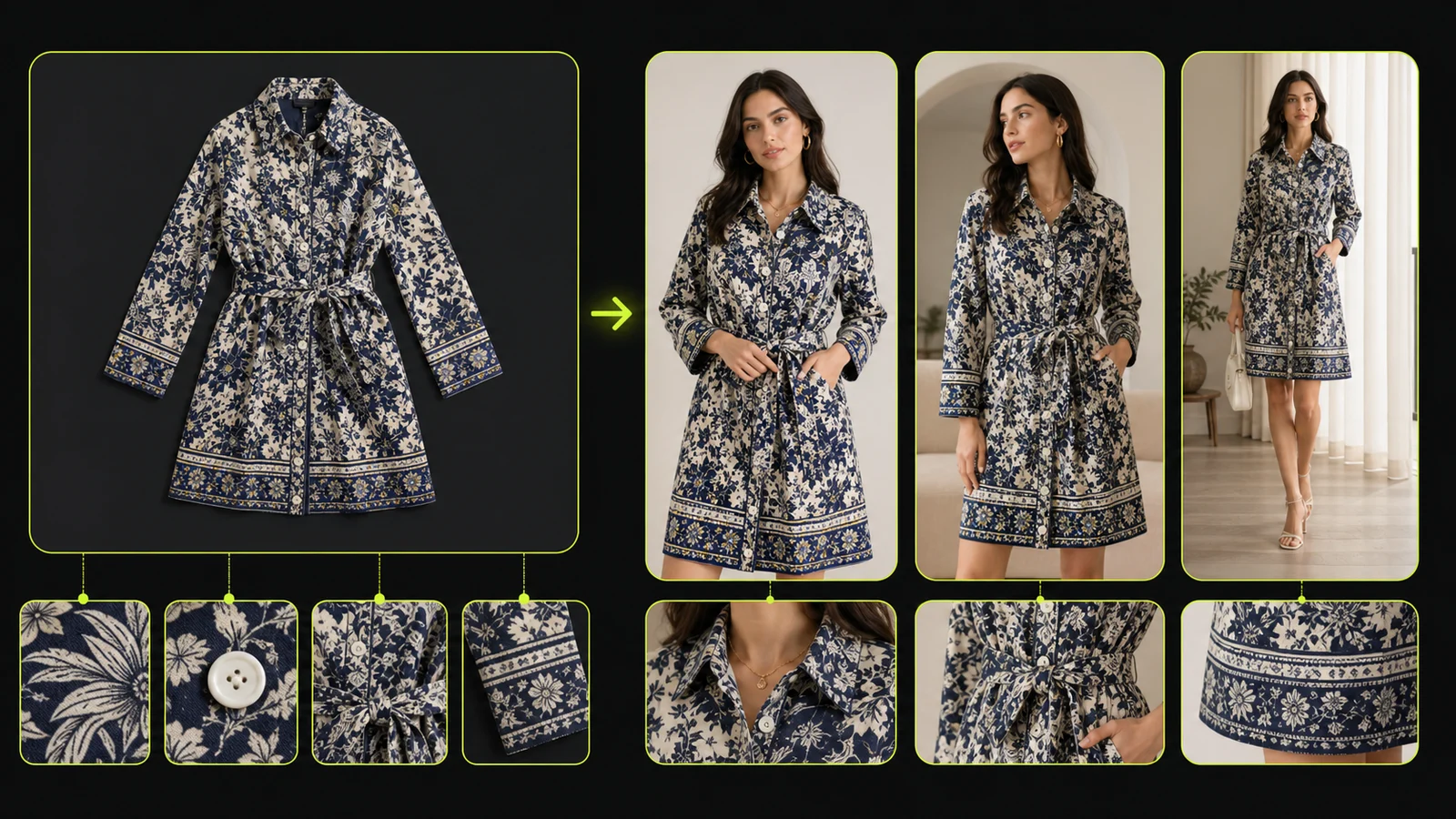 Product detail preservation across generated fashion model images.
